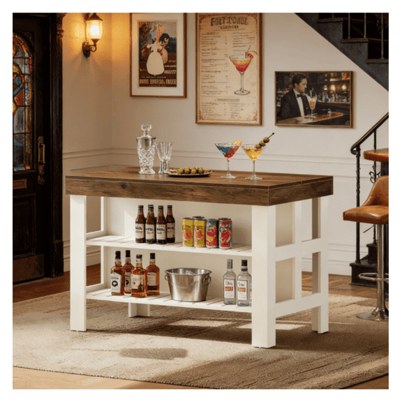 Bar Table with Storage - 55" Home Bar Cabinet with Shelves, Counter Height Bar Unit for Wine & Glasses, Farmhouse Style Bar Table for Kitchen & Dining