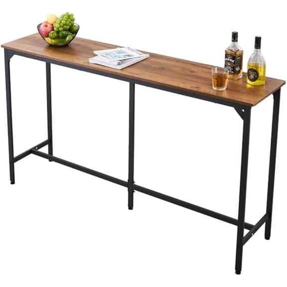 Bar Table, Sturdy Metal Frame High Top Pub Table, Small Kitchen Dining, Cocktail Coffee Counter Bar Height Desk, Easy to Assemble, 63x16x36 in, for Living Room Party, Brown