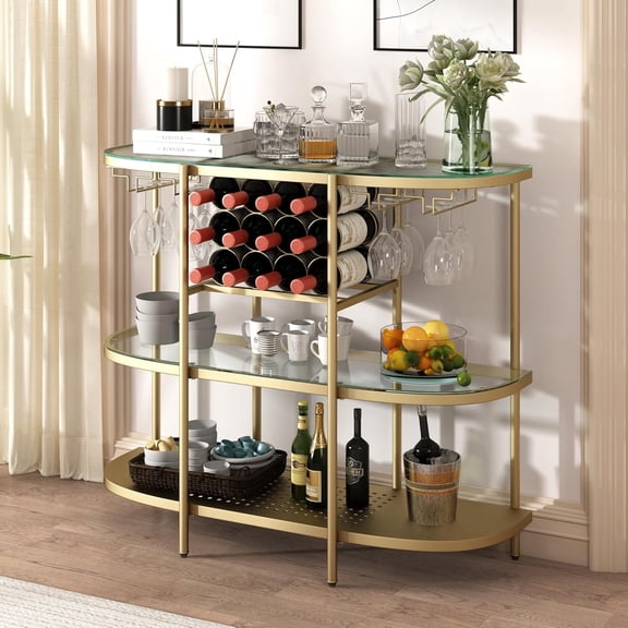 Bar Table with Wine Racks, 3 Tier Wine Bar Table with Glass Holders, Wine Cabinet with Open Shelf, Liquor Bar Coffee Bar Table for Living Room Kitchen, Gold