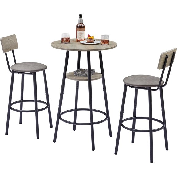 Bar Table and 2 Chairs Set, Industrial Pub Table with Square or Round Top, PU Upholstered Stools with Backrest, 3-Piece Dining Set for Home Bar