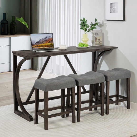 Bar Table and Chairs Set with Rubber Wood Legs, Soft Cushions and USB / High-Quality for Home Use