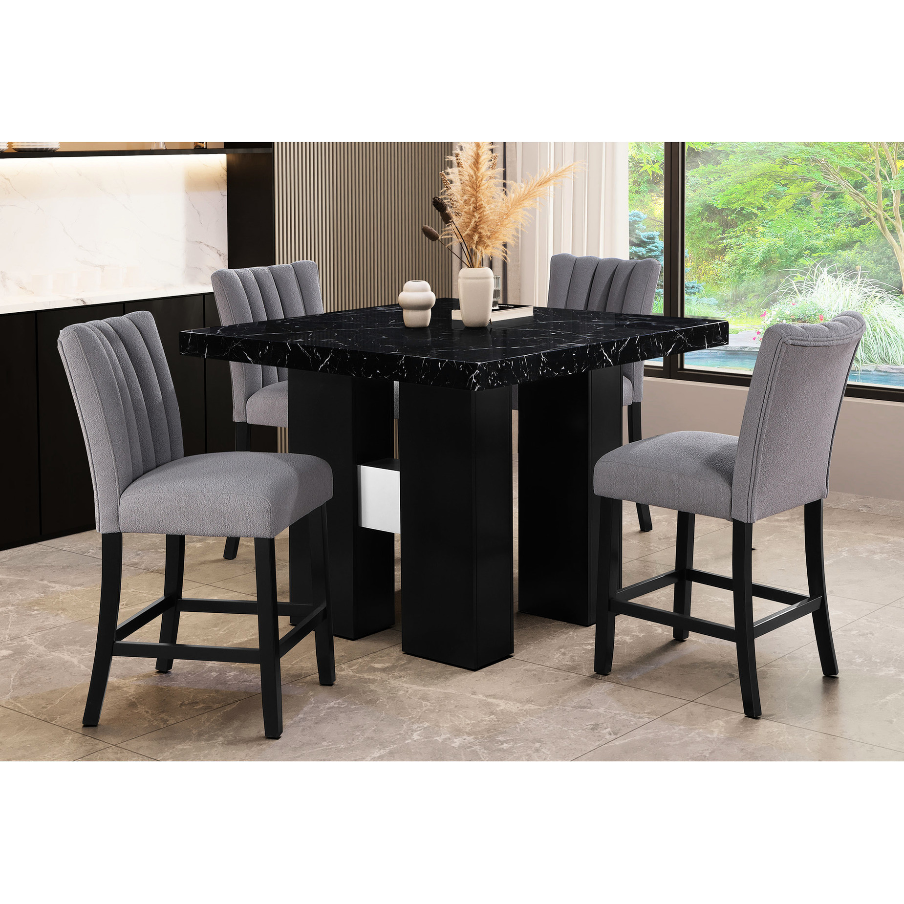 Bar Table and Stools Collection / Black Main Color, Upholstered Seating ...