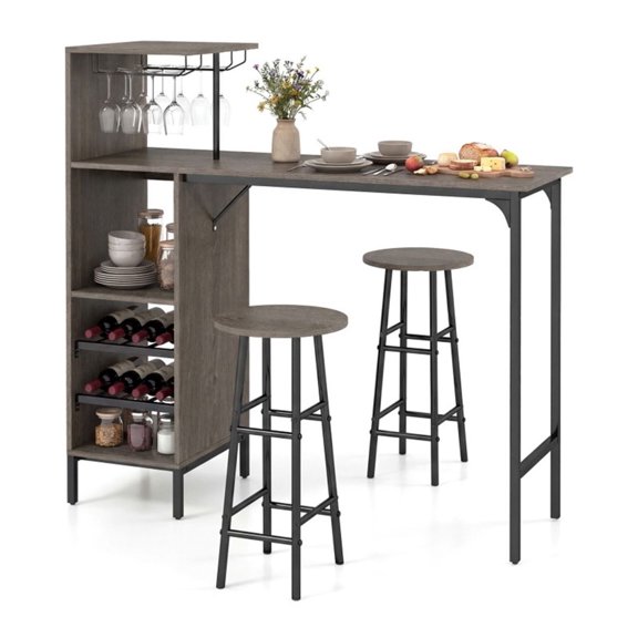 Bar Table and Stools Set of 3, Wine Rack for 6 Bottles, Wine Glass Holder, Oak Finish Counter Height Pub Table Set for Home Bar, Kitchen