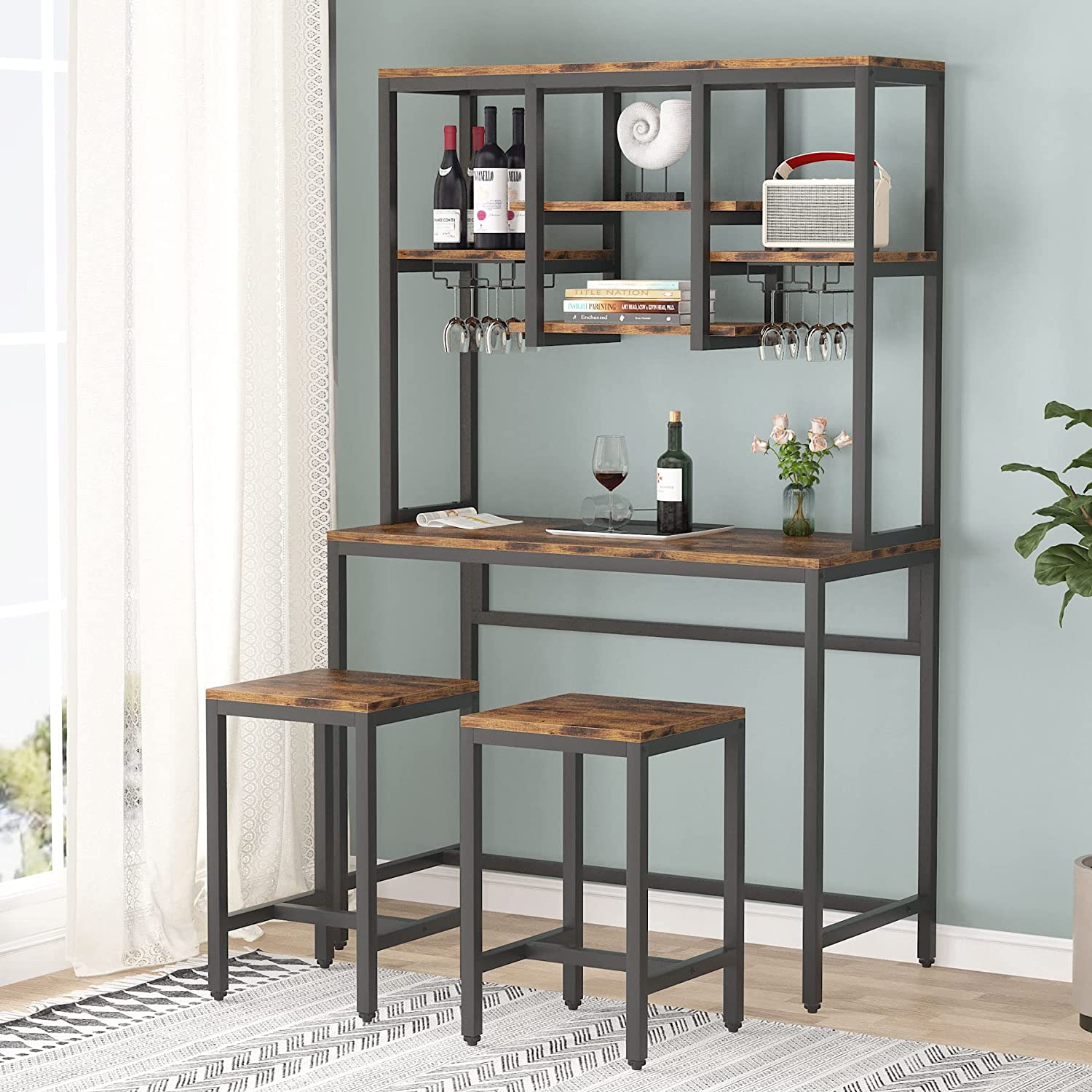 Bar Table with 2 Chairs, Bar Desk with Hutch Storage Shelves, Bar Set