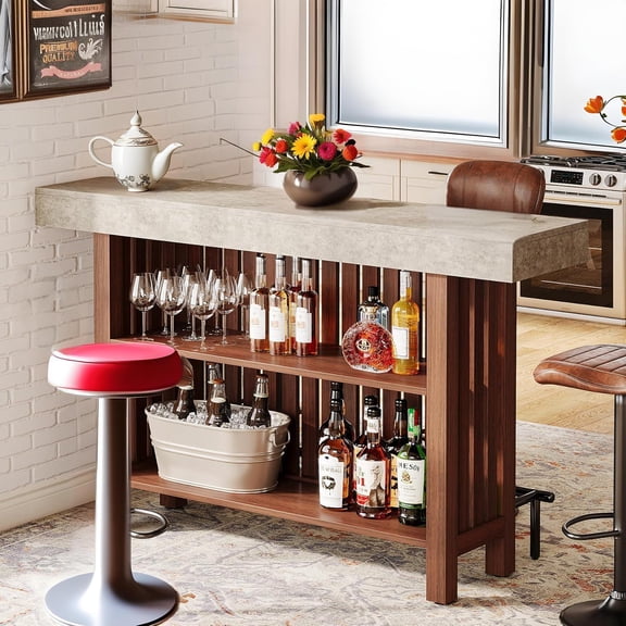 Bar Table with 2-Tier Storage, 62.99" x 15.75" Large Top, Sturdy Modern Bar Cabinet for Multi-Spaces Brown and Gray