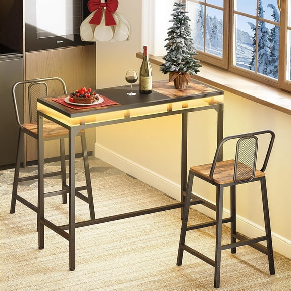 Bar Table with LED Lights, Counter Height Table, Bar Height Pub Table, Metal Frame, for Living Room, Dining Room, Pub, Black BT01DBK