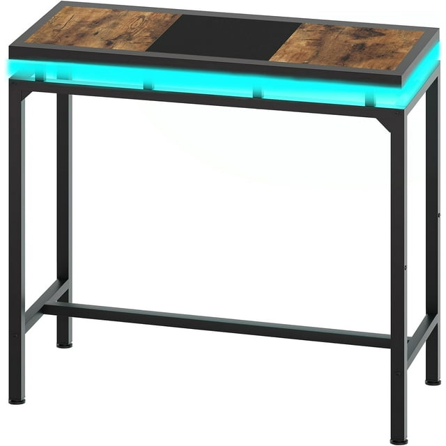 Bar Table with LED Lights, Counter Height Table, Bar Height Pub Table, Metal Frame, for Living Room, Dining Room, Pub, Black