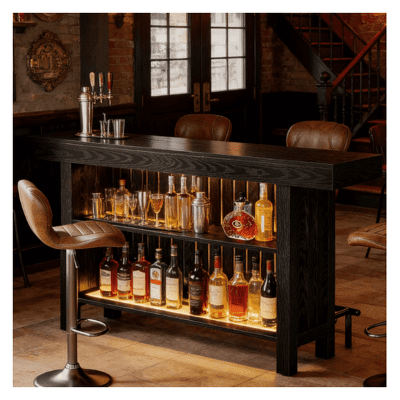 Bar Table with Storage, 47 inch Home Bar for Living Room, Cocktail Table with Guardrails & Two Tier Shelves, Rustic Brown Entertainment Center