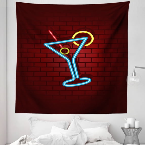 Bar Tapestry, Cocktail Glass on a Brick Wall Pub Urban Night out Nightclub, Fabric Wall Hanging Decor for Bedroom Living Room Dorm, 5 Sizes, Burgundy Azure Blue, by Ambesonne