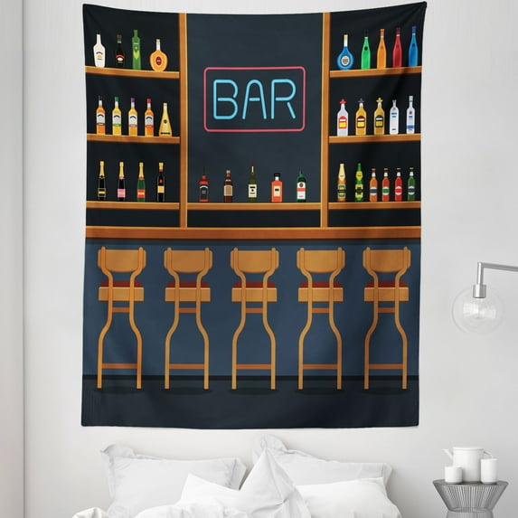 Bar Tapestry, Pub Stand with Chairs and Bottles of Alcohol Aligned Interior Cocktail Beverage, Fabric Wall Hanging Decor for Bedroom Living Room Dorm, 5 Sizes, Multicolor, by Ambesonne