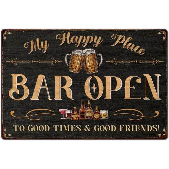Bar Tin Sign Metal Posters Metal Painting Decor Vintage Basement Decor Bar Open My Happy Place to Good Times Good Friends Bar Signs for Man Cave Pub Wall DecorationMixed Color