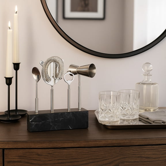 Modern Bartender Kit and Cocktail Set with Marble Base for Home Bar - Bar Accessories Tools for Mixology Bartender Kit - Ideal for Dining Room, Kitchen, or Bar Cart - Set of 4, 10", Black & Silver