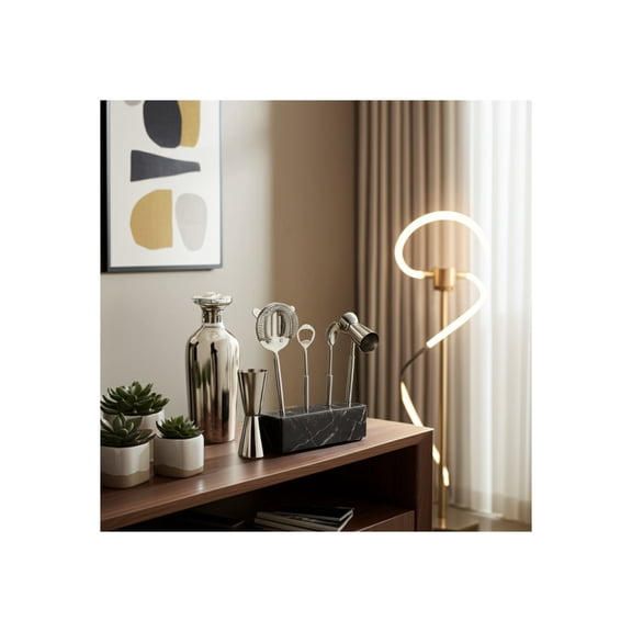 Bar Tool Organizer Storage Set with Marble Base and Stainless Steel Tools - Modern Design - for Home, Kitchen, or Bar Use - Set of 5 - 10" Black & White