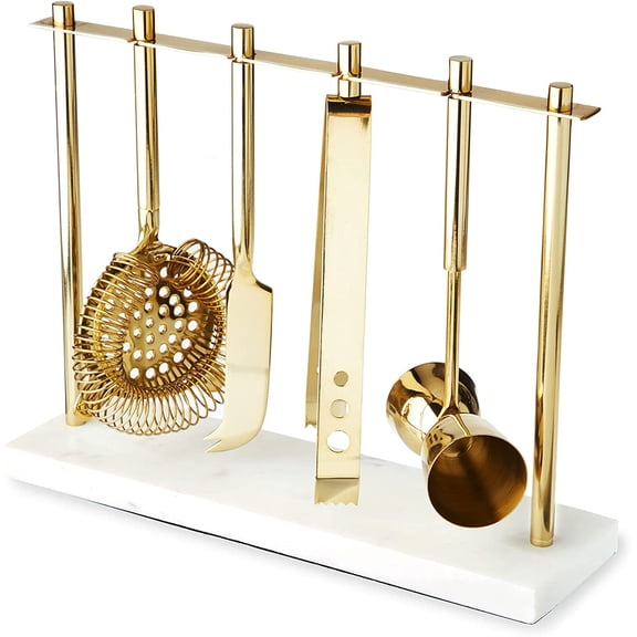 Bar Tool Set Includes Hawthorne Strainer, Citrus Knife, Ice Tongs, Double Jigger with Marble Display Stand for Classic Cocktails and Cold Brew Drinks, Home Bar Cart Accessories