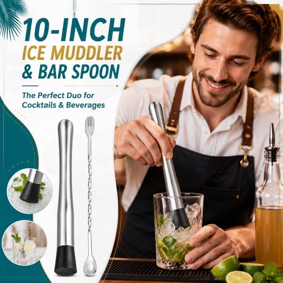 Bar Tool Set, Stainless Steel Cocktail Muddler, 10 Inch Mixing Spoon, 26Cm Twisted Cocktail Spoon, Grade Stainless Steel Build for Mashing Ice, Mixing Cocktail, Boba Milk Tea and