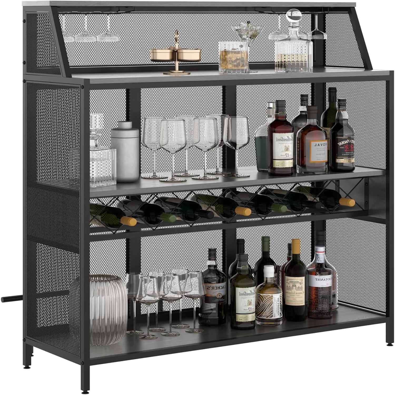 Bar Unit 4 Tier Bar Cabinet with Footrest Industrial Metal Liquor ...