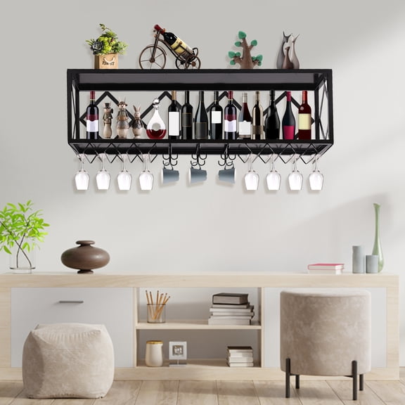 Bar Unit Floating Shelves Wall-Mounted Wine Racks Inverted Wine Glass Rack Multifunctional Iron Bottle Holder Simple Hanging Goblet Rack with Partitions