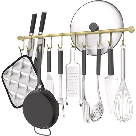 Bar Utensil Rack Kitchen Hanging Spoon Rack, Thickened 304 Stainless Steel 20-Inch Hook Bar Utensil Rack with 10 Noiseless Sliding Hooks (Gold)
