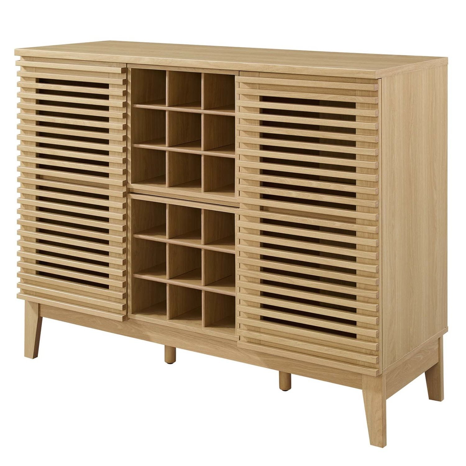 Mid-Century Slatted Oak Bar Cabinet with Integrated Wine Rack