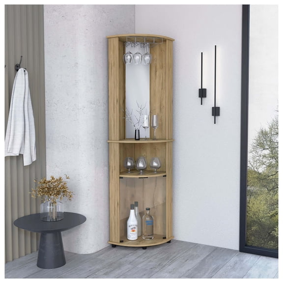 Bar-coffee corner cabinet storage 74" H, with rounded front design, 2 central shelves, 1 glass holder in the upper compartment, 1 storage with double glass door in the lower part, macadamia