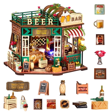WLBES 3D Wooden Puzzle Book Nook Kit for Adults, DIY Miniature Tavern House Model Kit, Cute Book Nooks for Bookshelf, Home Decor & Craft Hobby