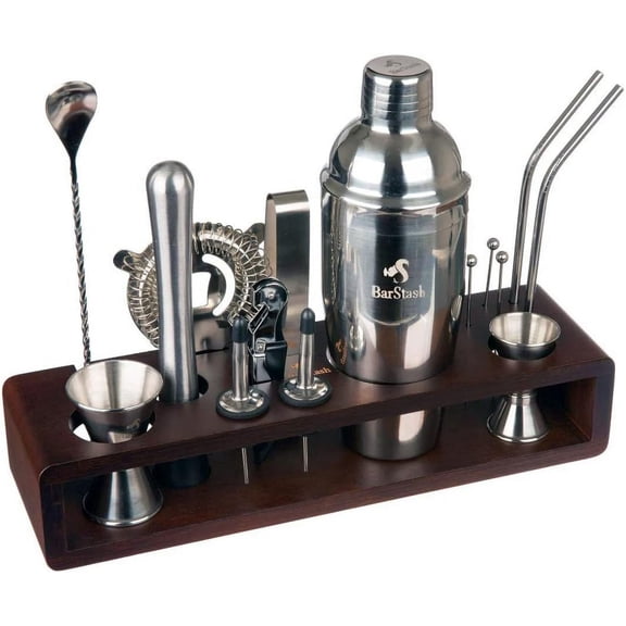BarStash Bartender Kit - Premium Bar Tools Set with Unique Wooden Stand - House Warming Gifts New Home - Bar Accessories Home Bar Set, Cocktail Set, Bar Kit - Cocktail Recipe E-Book -Stainless Steel