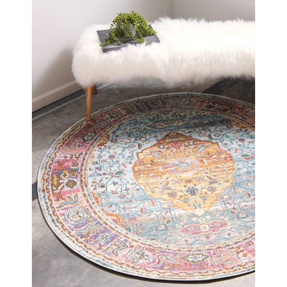 Baracoa Collection Area Rug - Miramar (5' 5" Round, Light Blue/ Blue)