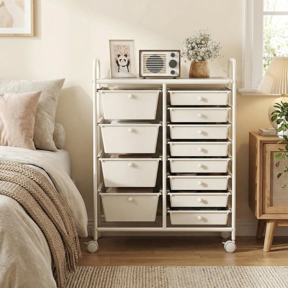 Barara King 12-Drawer Rolling Utility Cart Multi-Purpose Storage Organizer with Easy Glide Drawers Portable Design for Home Office Bathroom Craft Room, White