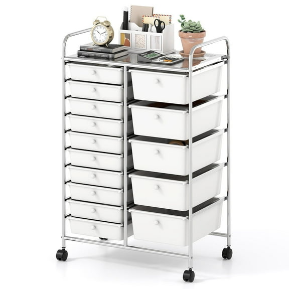 Barara King 15-Drawer Organizer Storage Rolling Cart with Chrome Plated Metal Frame, Mobile Shelving Unit for Home Office, Living Room, Entryway, Bedroom, White