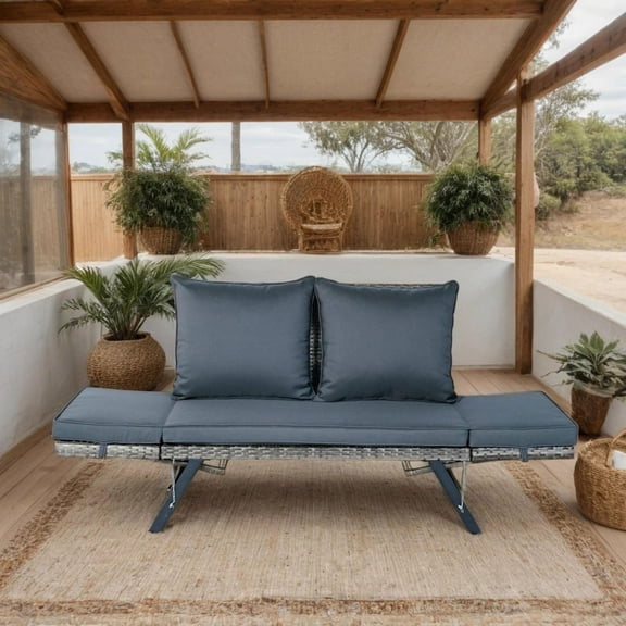 Barara King 1PCS Outdoor Wicker Foldable Side Bench, Patio Conversation Seating with Soft Cushion, All-Weather Rattan Bench for Backyard Lawn Porch Balcony Relaxation, Dark Gray