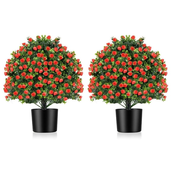 Barara King 2 Pack Artificial Rose Topiary Ball Trees with Flowers, FauxPlants for Patio, Garden, Front Door, Balcony, Backyard, Red
