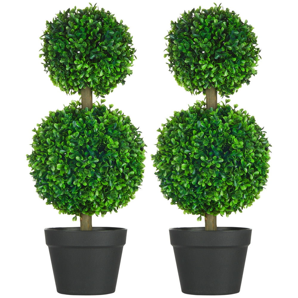 Barara King 2 Pcs 23.5" Artificial Boxwood Ball Topiary Tree Set of 2 Fake Plants in Pot with Double Ball-Shaped Leaves Green
