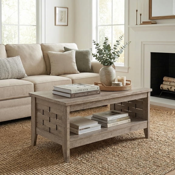 Barara King 2-Tier Farmhouse Coffee Table with Open Shelf, Woven Decorative Details for Rustic Living Room, Cottage, Cabin Style Center Table, Oak