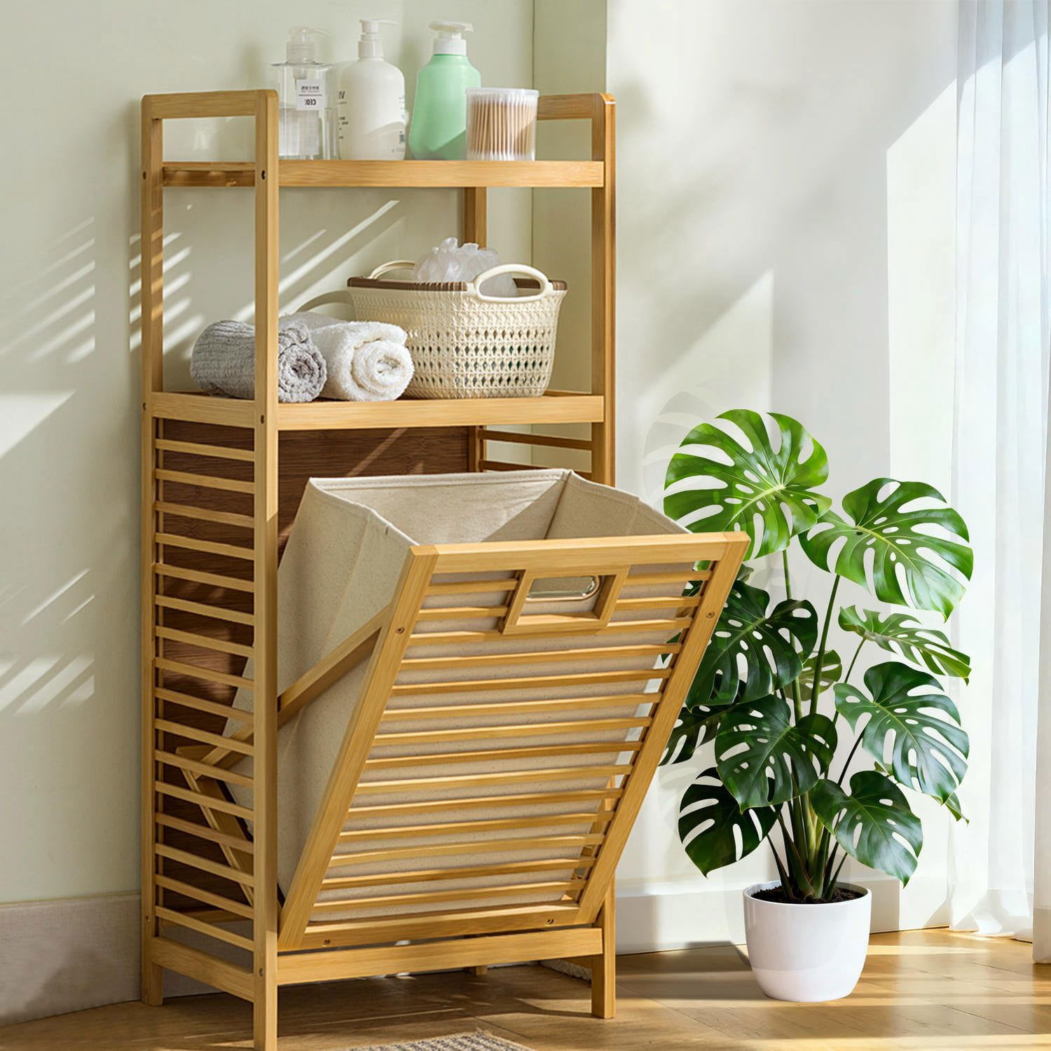Barara King 2-Tier Laundry Hamper with Tilt Out Basket, Laundry Organizer with Storage Shelves, Bathroom Storage Unit for Laundry Room Nursery Bedroom Guest Room Closet, Natural