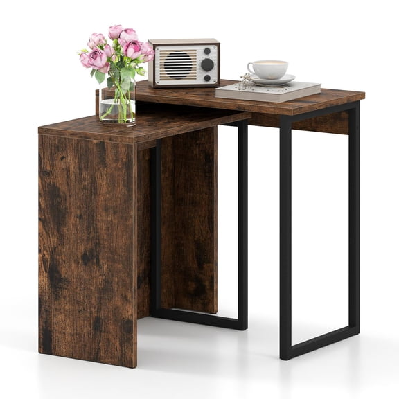 Barara King 2-in-1 Nesting Coffee Table with Solid Metal Frame, Set of 2 Dining Center Table for Living Room, Bedroom, Rustic Brown