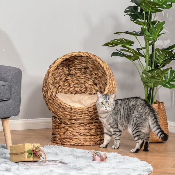 Barara King 20" Natural Braided Banana Leaf Elevated Cat Bed Basket with Cushion - Brown