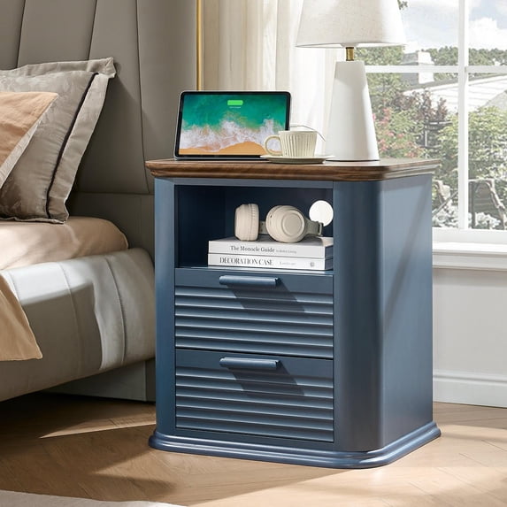 Barara King 22" Night Stand with Charging Station & 2 Drawers, Modern Fluted Design End Table for Bedroom, with Open Storage, Blue