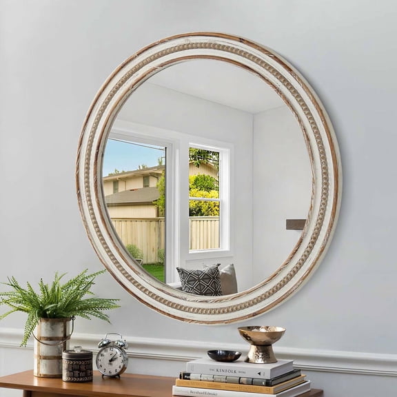 Barara King 23.62 Inch Wood Round Wall Mount Mirror with Beads Edge, Bathroom Vanity Makeup Mirror for Bedroom, Bathroom, Living Room, for Home Office, Antique Natural