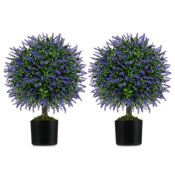 Barara King 23 Inch Set of 2 Artificial Lavender Topiary Ball Trees with Cement and Filled Pot, FauxPlants for Patio, Garden, Front Door, Balcony, Backyard, Purple & Green