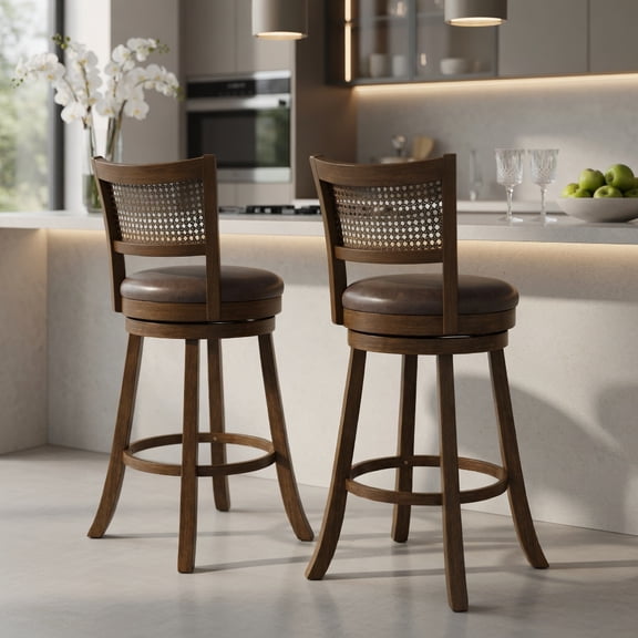 Barara King 29 Inches Counter Height Barstool Set of 2 with Rattan Backrest, Footrest and Swivel Function for Kitchen Island, Patio, Bistro Setting, Brown
