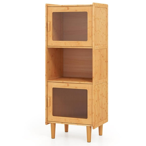 Barara King 3-Cube Bamboo Storage Cabinet with Open Compartment and 2 Acrylic Doors-Natural