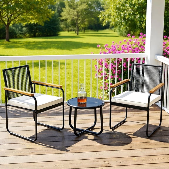 Yardi Yard 3-Piece PE Wicker Porch Patio Chair Set with Round Tempered Glass Tabletop, Rust Resistant Frame Leisure Suite for Balcony Garden Backyard Outdoor Space, White