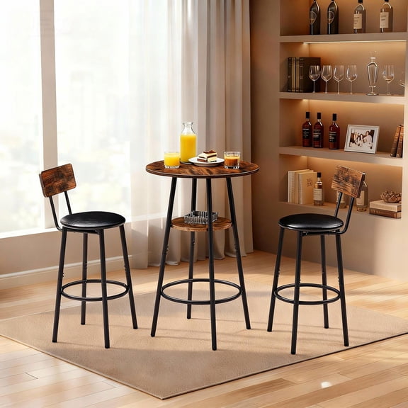Barara King 3-Piece Round Bar Table Set with Two-Tier Storage & 2 Padded PU Stools for Small Space, Cafe Corner, Rustic Brown