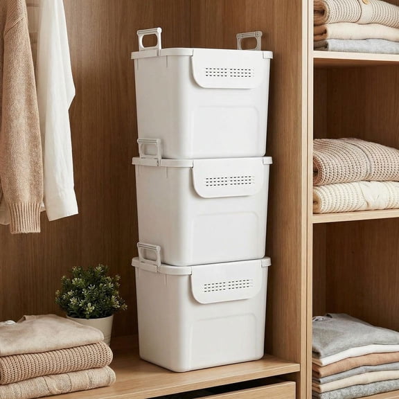 Barara King 3-Piece Stackable Plastic Storage Bins with Front Access Door & Side Handles for Home Multi-scene Organizer, White