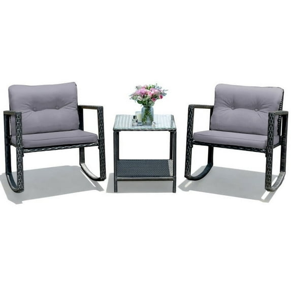 Barara King 3 Pieces Outdoor Bistro, Wicker Patio Furniture Set Include 2 Rattan Porch Rocking Chairs with Cushions and Coffee Table, for Garden Balcony Backyard Poolside, Gray