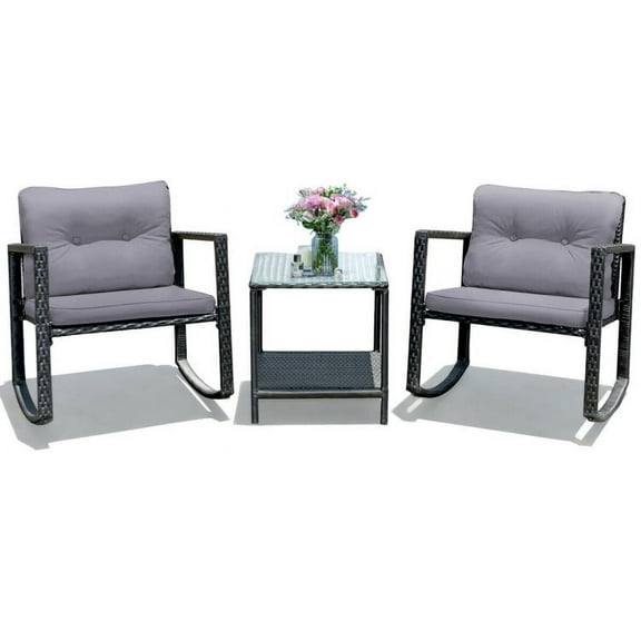 Barara King 3 Pieces Outdoor Bistro, Wicker Patio Furniture Set Include 2 Rattan Porch Rocking Chairs with Cushions and Coffee Table, for Garden Balcony Backyard Poolside, Gray