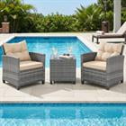 Barara King 3 Pieces Outdoor Wicker Conversation Set with Tempered Glass Tabletop and Soft Cushions for Patio Balcony Small Space, Beige