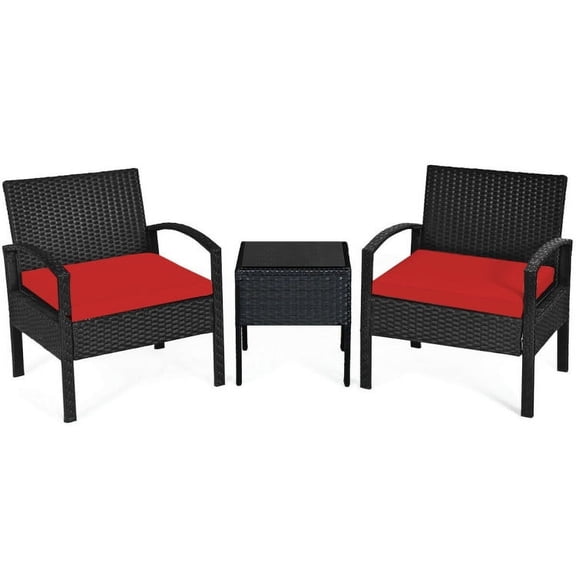 Barara King 3 Pieces Wicker Chair Set w/ Table Red Outdoor Patio Furniture Wicker Rattan Modern Conversation Chat Seating