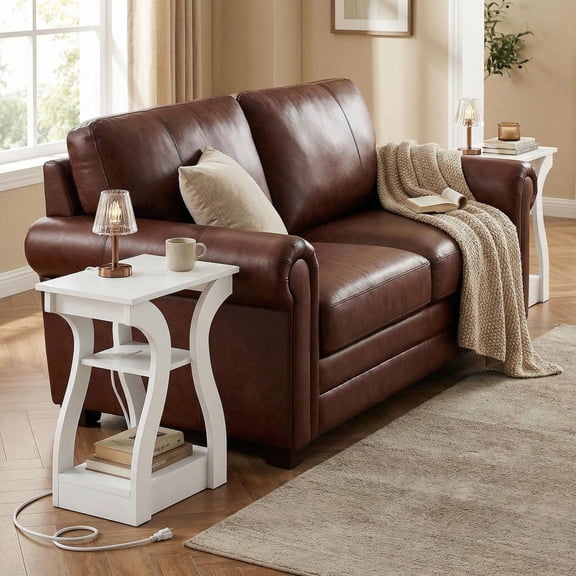 Barara King 3-Tier End Tables Set of 2 with Charging Station and Open Shelves for Living Room, Bedroom Nightstand Set, White