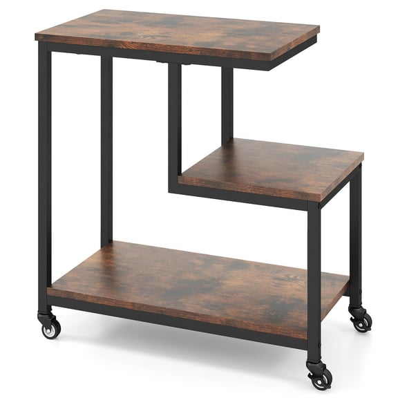 Barara King 3-Tier G-shaped Mobile End Table with Open Shelves, Couch Side Table for Living Room, Bedroom, Home Office, Rustic Brown